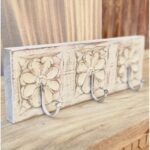 Pushpika Hand-Carved Floral Wooden Wall Hook Rack | Solid Mango Wood White Finish (30 cm) - Image 2