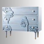 Grey Carved Bird Design Solid Mango Wood Chest of Drawers