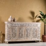 White Antique Solid Mango Wood Carved Living Room Cabinet with 4 Doors