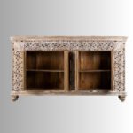 White Antique Solid Mango Wood Carved Living Room Cabinet with 4 Doors - Image 2