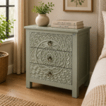 Lotus Crest Wooden Carved 3 Drawer Chest Cabinet (Light Green)