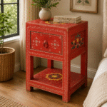 RangRiwaaz Hand-Painted Solid Wood Side Table (Red Heritage Finish)