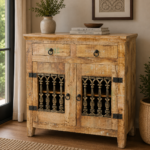 Reclaimed Timber Solid Mango Wood Sideboard Cabinet with Carved Panels