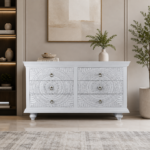 Grey Solid Mango Wood Carved Chest of Drawers (3 Drawer)