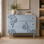 Grey Carved Bird Design Solid Mango Wood Chest of Drawers