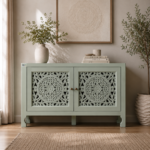 Green Ela Hand-Carved Solid Mango Wood Storage Cabinet