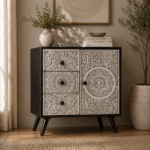 Aranya White Antique Hand-Carved Mango Wood Storage Cabinet