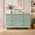 Handcrafted Solid Mango Wood Storage Cabinet in Green Finish | Made in India