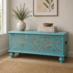 Azure Crest Carved Storage Coffee Table Trunk (Blue Distress)
