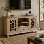 Carri Whitewash Solid Mango Wood Glass Door Cabinet | Handcrafted Storage Unit (62 × 14 × 32 in)
