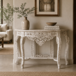 Élise French Arched Hand-Carved Solid Wood Console Table | Antique White Finish (47.24″ × 15.75″ × 29.92″)