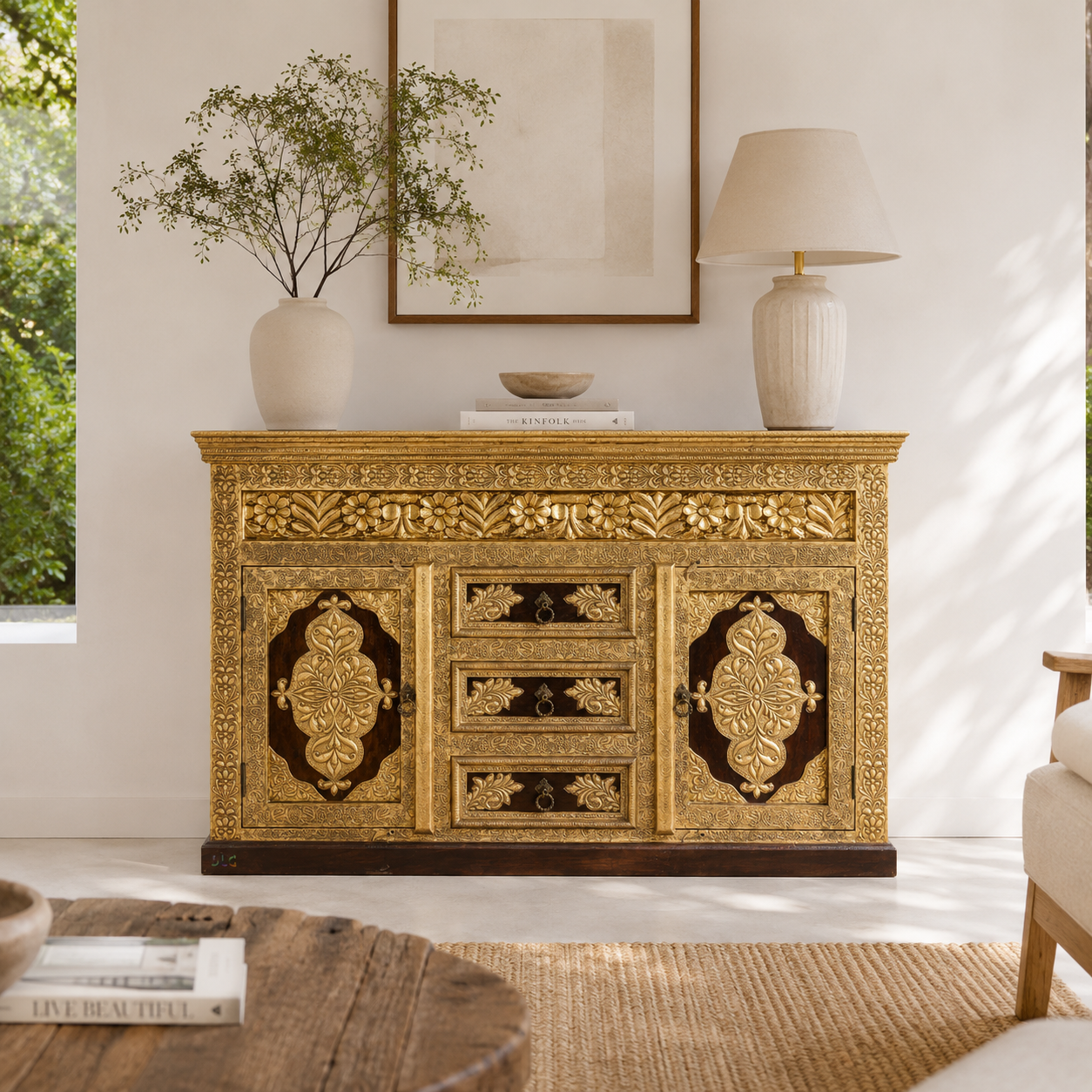 ChatGPT Image Sep 1, 2026, 10_56_40 PM Handcrafted Solid Mango Wood Brass Fitted Sideboard in Teak Finish | Premium Storage Cabinet for Living & Dining Room - Image 1