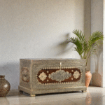 Rajghar Pitara – Solid Sheesham Wood Brass Fitted Trunk Coffee Table (Teak Finish)
