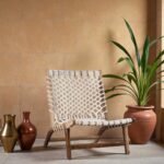 Aranya White Macrame Chair | Handwoven Lounge Chair in Solid Acacia Wood (24 × 34 × 32 in)