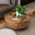 Kaira Carved Wooden Round Coffee Table – Handcrafted Solid Wood Centre Table for Living Room