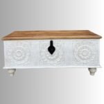 Elara Hand-Carved Wooden Storage Trunk – Distressed White Solid Wood Blanket Box & Coffee Table
