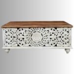 Zivara Hand-Carved Wooden Storage Trunk – Distressed White Jhali Design Solid Wood Coffee Table & Blanket Box