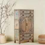 Solara 150 cm Hand-Painted Mango Wood Cabinet with Rattan Panels – Mediterranean Style Solid Wood Storage Unit