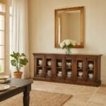 Marvello – Wooden Sideboard with Glass Doors (257cm) | Rustic Style Solid Wood Storage Cabinet