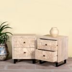 Zeralia – Set of 2 Nightstands, Carved Mango Wood (59cm) | Handcrafted Solid Wood Bedside Tables