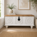 Elara Hand-Carved Wooden Storage Trunk – Distressed White Solid Wood Blanket Box & Coffee Table