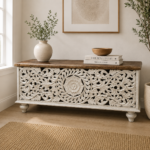 Zivara Hand-Carved Wooden Storage Trunk – Distressed White Jhali Design Solid Wood Coffee Table & Blanket Box