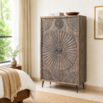 Aarvaya Hand-Carved Solid Wood Storage Cabinet | Artisan Textured Finish (90 × 40 × 150 cm)