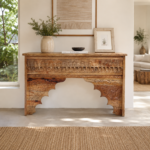 Rajmahal Arched Hand-Carved Solid Wood Console Table | Heritage Indian Design in Natural Brown Finish
