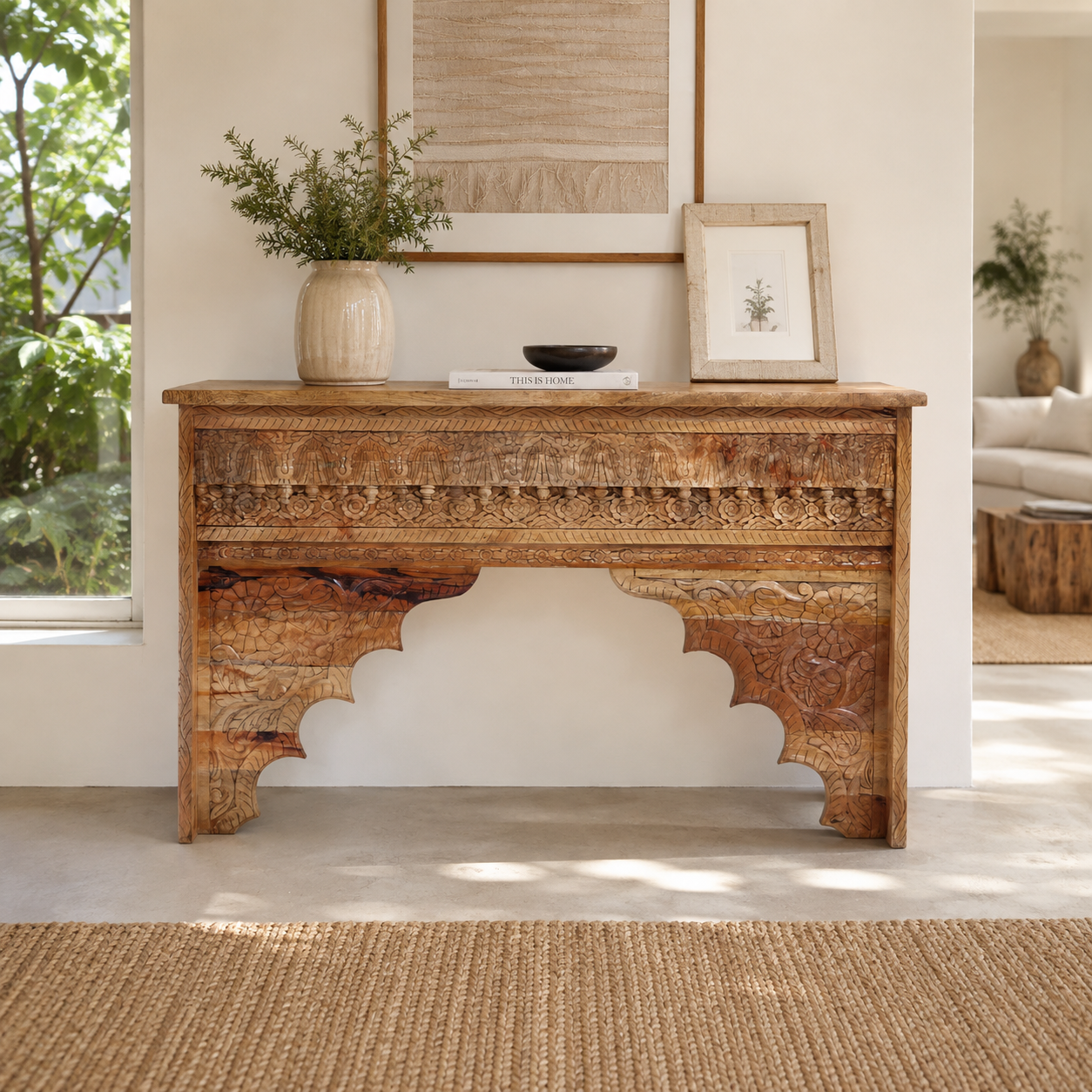 ChatGPT Image Sep 1, 2026, 10_45_14 PM Rajmahal Arched Hand-Carved Solid Wood Console Table | Heritage Indian Design in Natural Brown Finish - Image 1