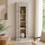 Vaishnavi Hand-Carved Solid Wood Display Cabinet | Whitewashed Finish with Glass Door
