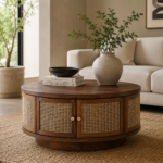 Canova Handcrafted Round Wooden Coffee Table with Cane Panels | Made in India