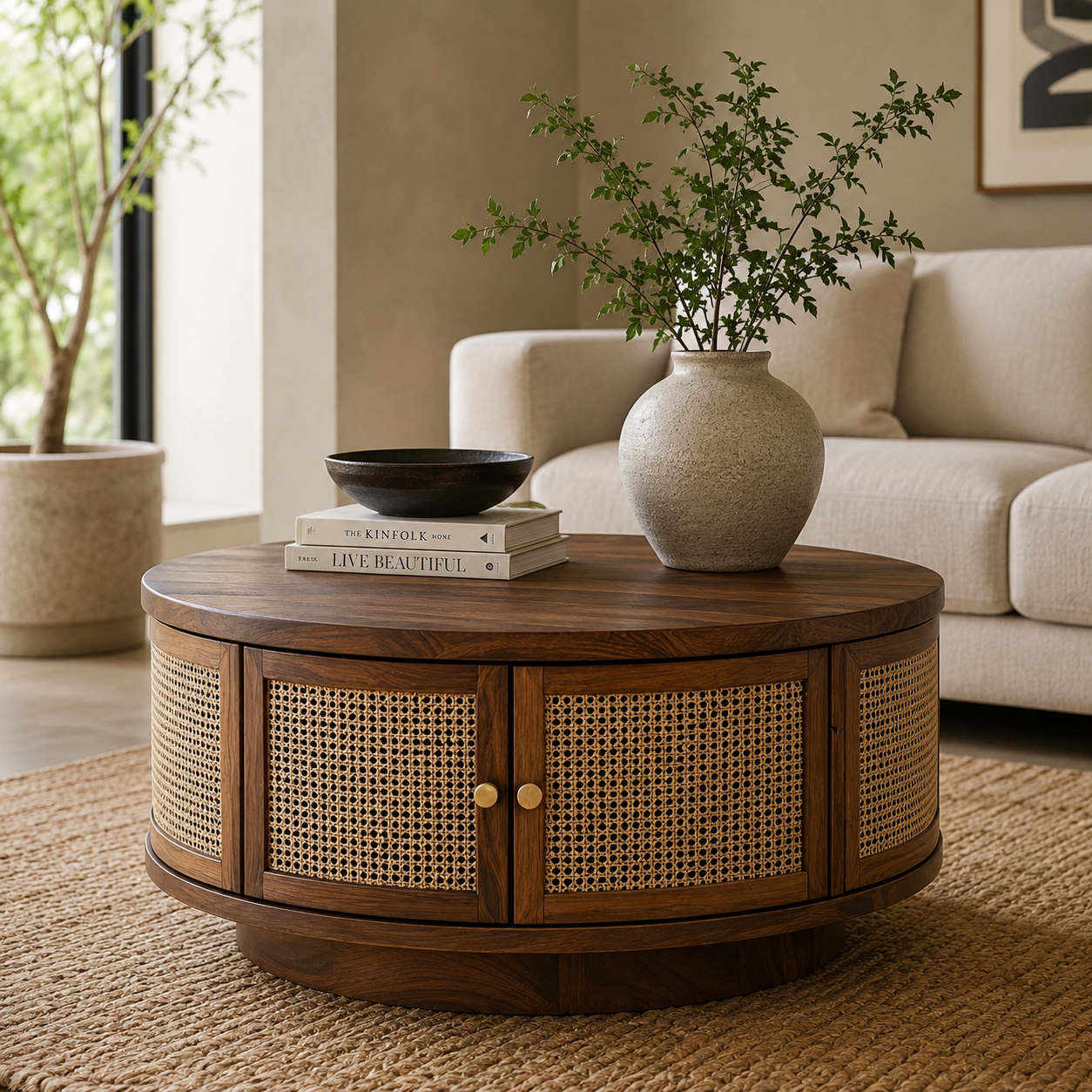 ChatGPT Image Aug 31, 2026, 08_10_46 AM Canova Handcrafted Round Wooden Coffee Table with Cane Panels | Made in India - Image 1