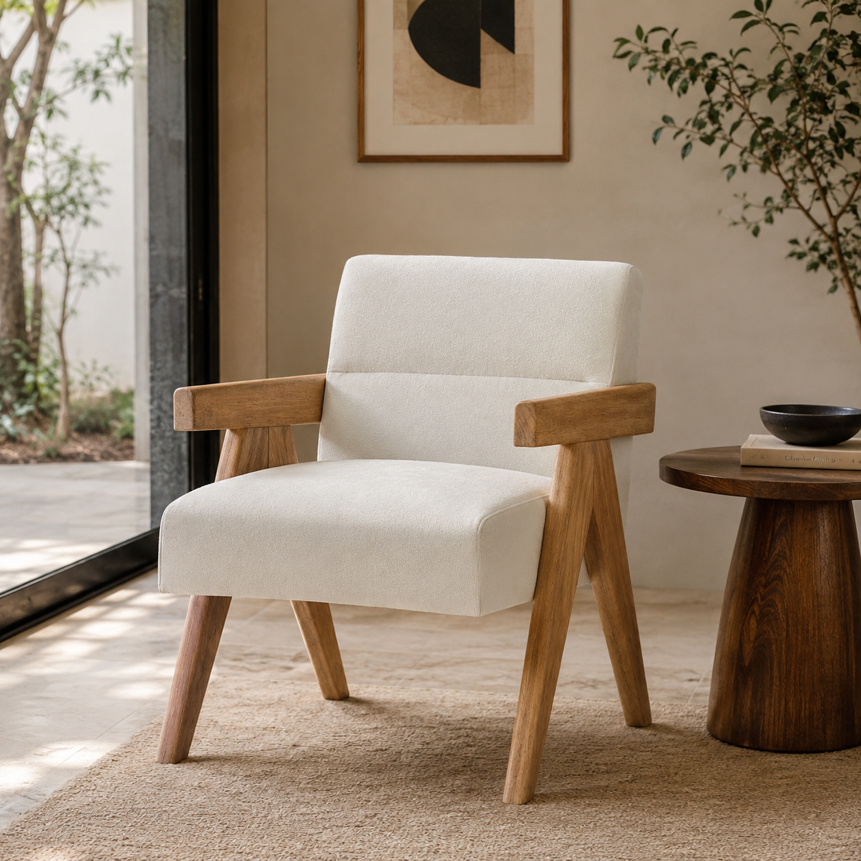 ChatGPT Image Aug 31, 2026, 08_17_18 AM Elara Curve Teakwood Upholstered Accent Chair | Premium Wooden Arm Chair - Image 1