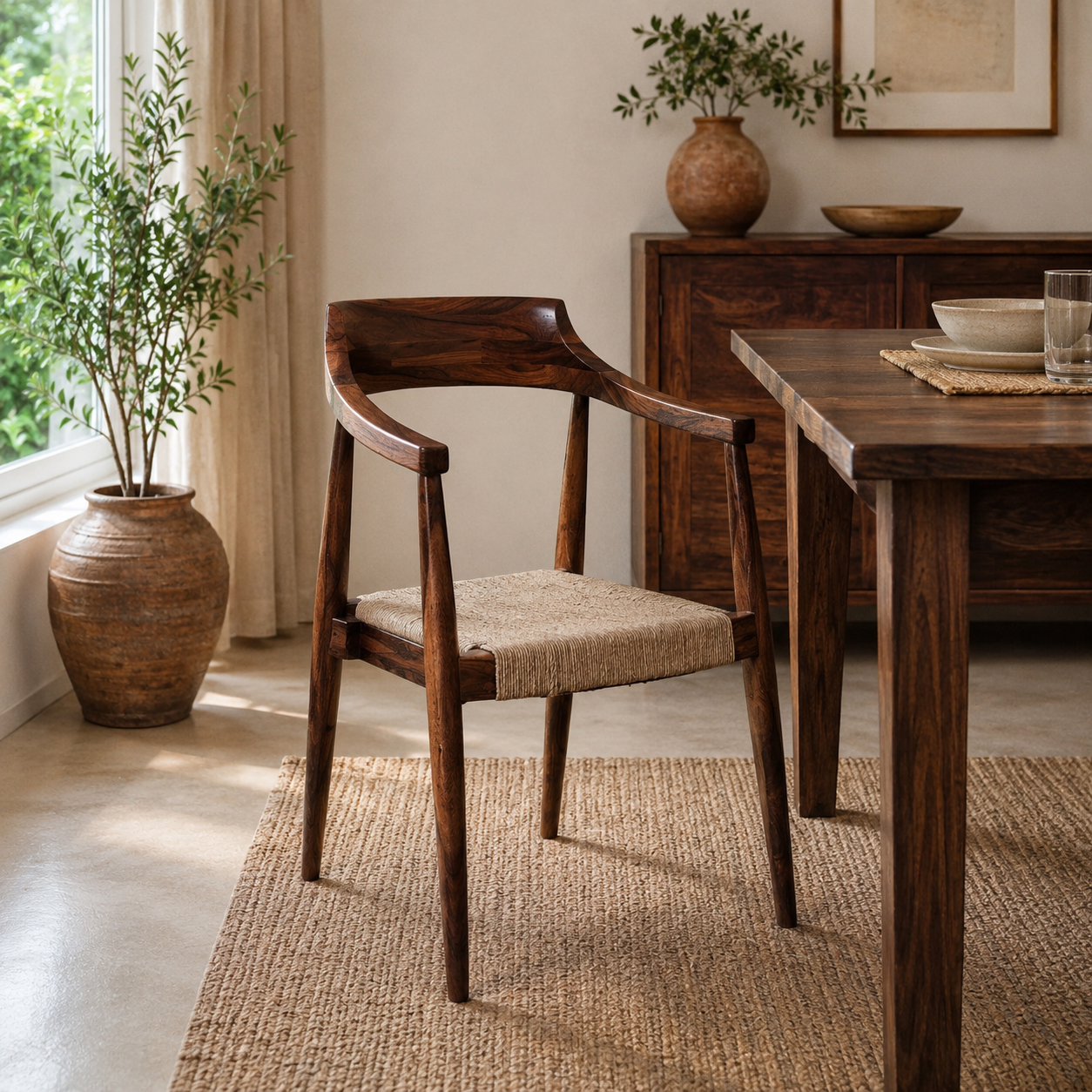 ChatGPT Image Aug 31, 2026, 10_16_50 PM Aranya Solid Wood Rope Arm Chair – Handcrafted Wooden Accent Chair for Living & Dining - Image 1
