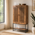 Vireon Solid Wood Storage Cabinet with Metal Stand | Handcrafted Wooden Cabinet India