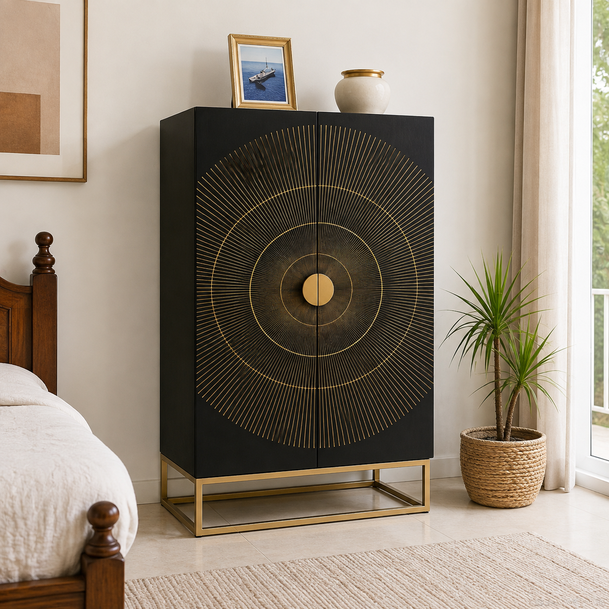 ChatGPT Image Sep 3, 2026, 01_07_43 PM Aurevia Arc Hand-Carved Solid Wood Storage Cabinet | Modern Luxury Wooden Almirah with Metal Base - Image 1
