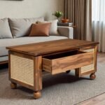 Canara Handcrafted Mango Wood & Rattan Coffee Table in Honey Finish | Made in India