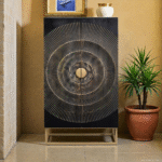 Aurevia Arc Hand-Carved Solid Wood Storage Cabinet | Modern Luxury Wooden Almirah with Metal Base