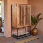 Vireon Solid Wood Storage Cabinet with Metal Stand | Handcrafted Wooden Cabinet India