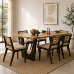 Aurelius Verona Solid Wood & Rattan 6-Seater Dining Table Set – Natural & Matt Black