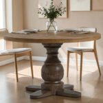 Handcrafted Rustic Crest Solid Oak Wood Round Dining Table | Natural Oak Top | Walnut Brown Pedestal Base | Made in India