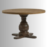Handcrafted Rustic Crest Solid Oak Wood Round Dining Table | Natural Oak Top | Walnut Brown Pedestal Base | Made in India - Image 2