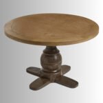 Handcrafted Rustic Crest Solid Oak Wood Round Dining Table | Natural Oak Top | Walnut Brown Pedestal Base | Made in India - Image 3