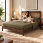 Elara Cane Panel Sheesham Wood Bed – King & Queen Size
