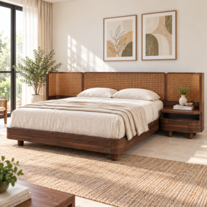 Premium Aurelia European Ash Wood Cane Bed with Integrated Nightstands