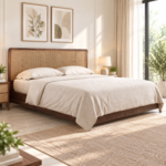 Elara Cane & European Ash Wood Bed – Dark Walnut Finish