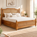 Aranya Classic Sheesham Wood Cane Bed with Storage – Honey Teak Finish