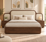 Premium Aurelia Sheesham Wood Bed with Upholstered Headboard & Side Tables – Walnut Finish
