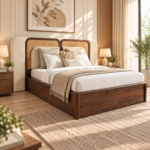 Aurelia Sheesham Wood Cane & Velvet Bed – Walnut Finish