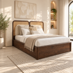 Aurelia Sheesham Wood Cane & Velvet Bed – Walnut Finish - Image 3